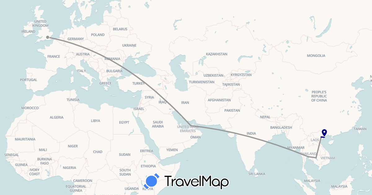 TravelMap itinerary: driving, plane, cycling in United Arab Emirates, United Kingdom, Cambodia, Thailand, Vietnam (Asia, Europe)